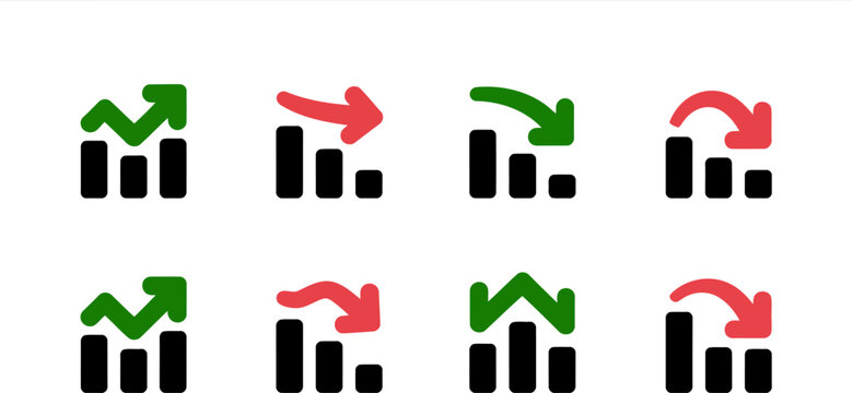 Eight bar chart icons with green and red arrows illustrating financial growth and decline