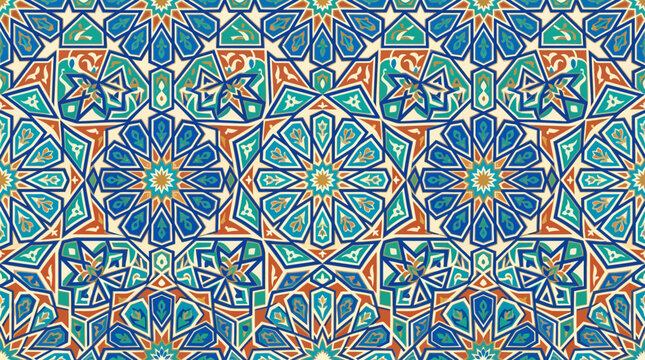 Flat vector Islamic ceramic tile pattern, repeating geometric shapes and traditional Middle Eastern aesthetics

