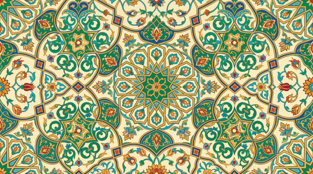 Flat vector Islamic floral pattern, arabesque flowers and geometric decorative elements, elegant seamless design

