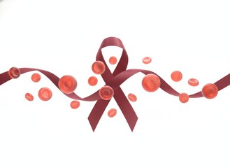 Fototapeta premium Red Ribbon Symbol with Floating Red Blood Cells on White Background
