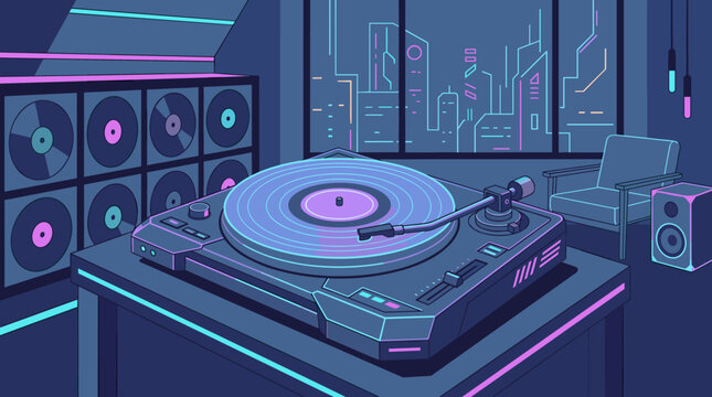 A stylized digital illustration of a turntable in a vibrant neon apartment. Perfect for synthwave, lo-fi beats, electronic music themes, and futuristic lifestyle background concepts.