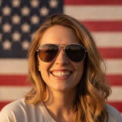 Naklejka premium Smiling Woman Wearing Sunglasses in Front of American Flag at Sunset