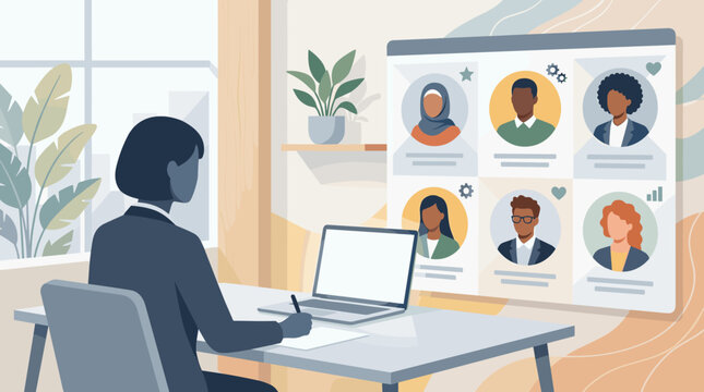 A businesswoman interviewing diverse candidates via video conference on a laptop. Modern office concept showing virtual recruitment, team management, and global collaboration.