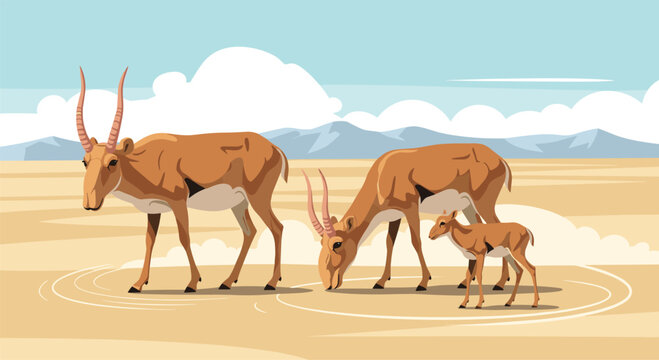 Group of saiga antelopes including a mother and calf standing in a dry desert landscape under a cloudy sky and soft hills.