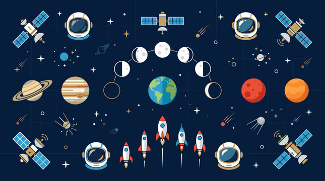 A flat vector illustration featuring a collection of space elements including planets, moons, satellites, rockets, and astronaut helmets on a dark blue background. Perfect for cosmic education.
