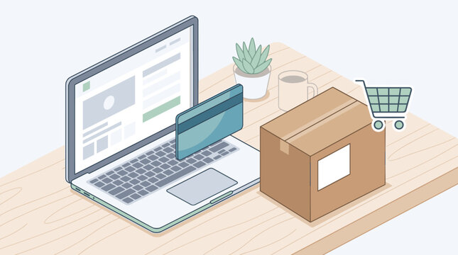 An illustration of online shopping with a laptop, credit card, shipping box, and shopping cart on a wooden desk. Ideal for e-commerce, digital payments, and delivery business concepts.