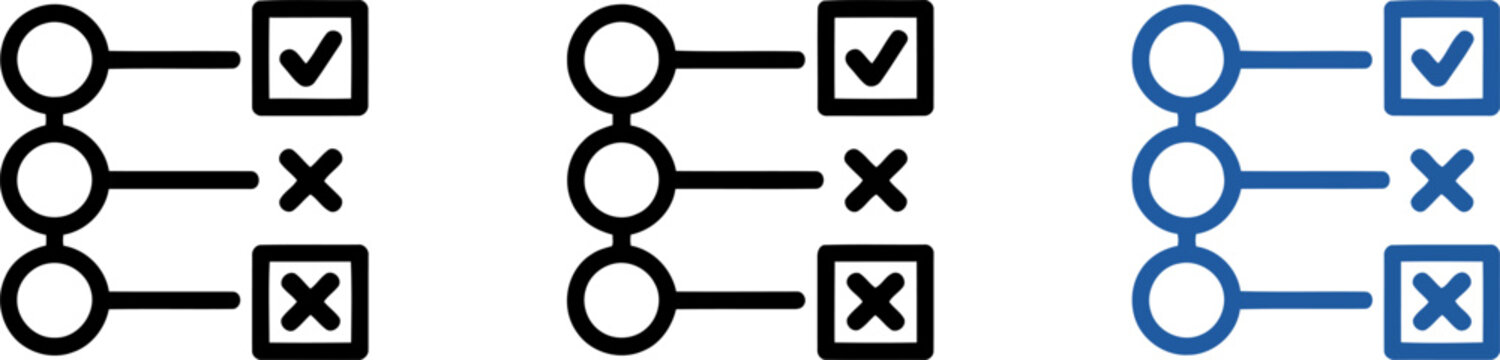 Flowchart icons with checkmarks and crosses in black and blue process steps
