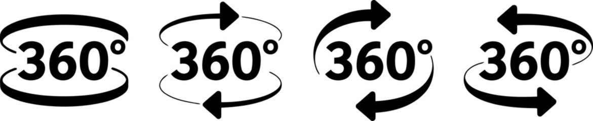 Naklejka premium Four black 360 degree rotation icons with arrows on white 360 degrees circular arrow