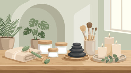Flat illustration of a cozy spa setup with skincare creams, massage roller, brushes, and candles. Perfect for wellness, beauty salon, and organic cosmetic branding projects.