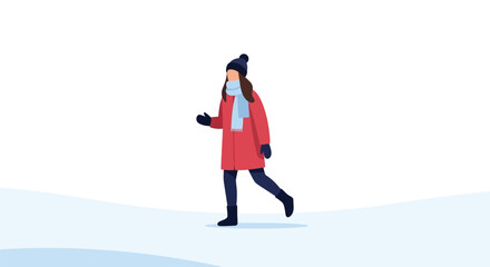Fototapeta premium Woman walking in winter landscape flat vector illustration for seasonal designs