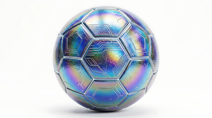 Naklejka premium Futuristic Iridescent Metallic Soccer Ball with Abstract Circuit Pattern Design