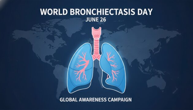 World Bronchiectasis Day Awareness Poster with Lungs Illustration on World Map Background