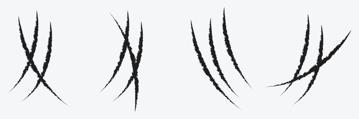 Animal claw scratches and marks. Set. Black and red bloody silhouettes and outline. Icon, flat. Vector isolated on white background. Scratches from a cat, tiger, lion, dog, jaguar, bear, puma . © Micro  Vector Market