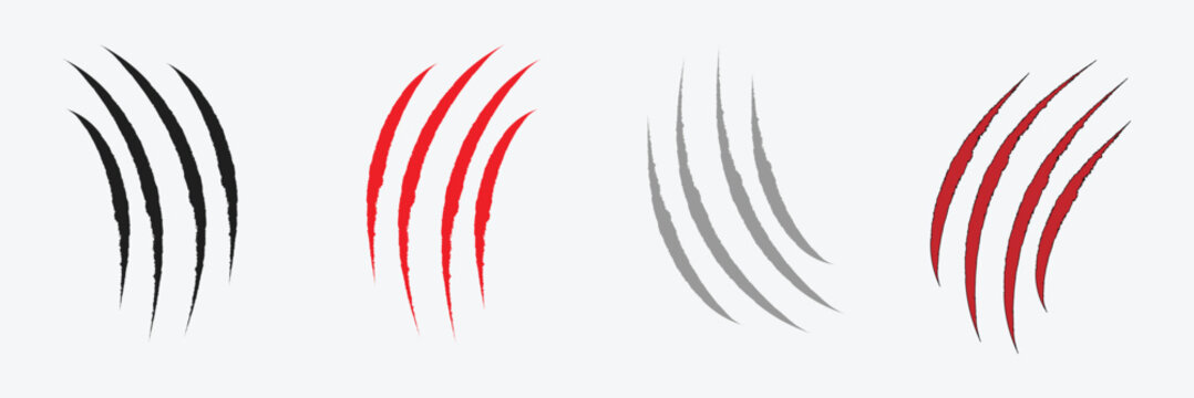Animal claw scratches and marks. Set. Black and red bloody silhouettes and outline. Icon, flat. Vector isolated on white background. Scratches from a cat, tiger, lion, dog, jaguar, bear, puma .