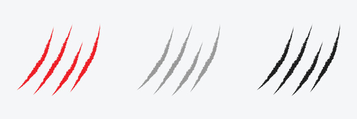 Animal claw scratches and marks. Set. Black and red bloody silhouettes and outline. Icon, flat. Vector isolated on white background. Scratches from a cat, tiger, lion, dog, jaguar, bear, puma . © Micro  Vector Market