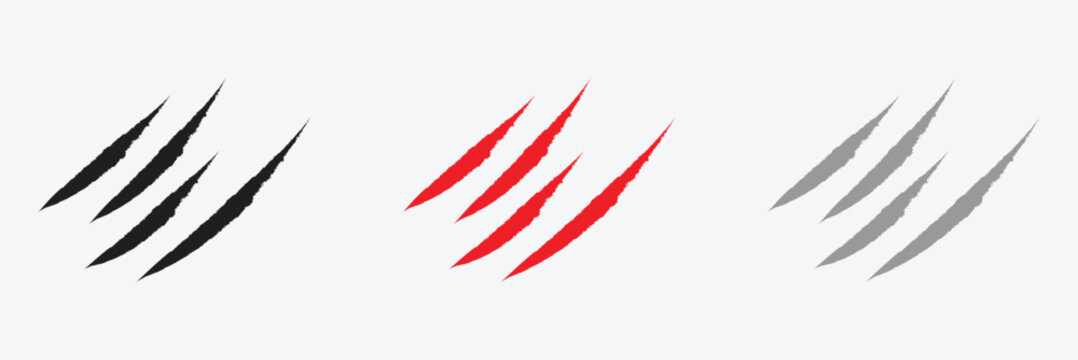 Animal claw scratches and marks. Set. Black and red bloody silhouettes and outline. Icon, flat. Vector isolated on white background. Scratches from a cat, tiger, lion, dog, jaguar, bear, puma .