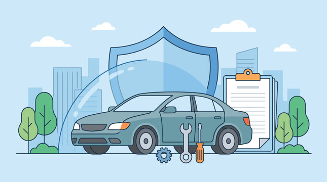Vector illustration of car insurance concept featuring a vehicle protected by a shield, repair tools, and policy document. Ideal for automotive services, coverage plans, and maintenance web design.