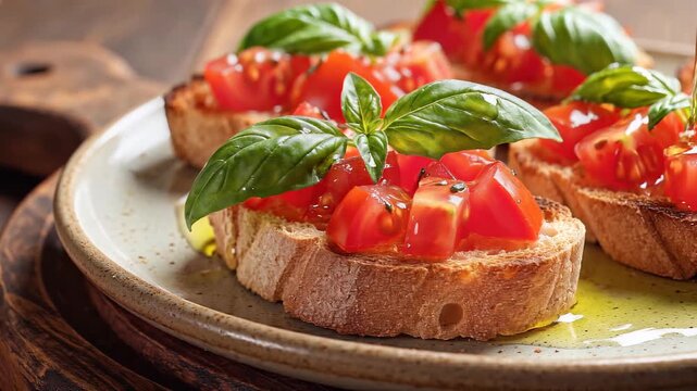 Olive oil drizzling over fresh tomato and basil bruschetta