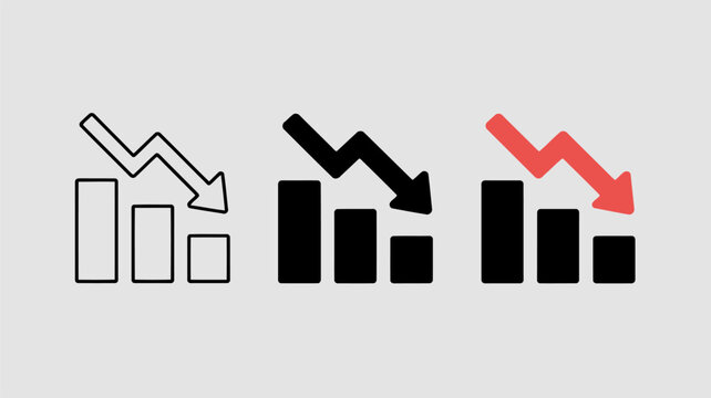 Icons showing a downward trending bar chart with arrows in black and red graph decline