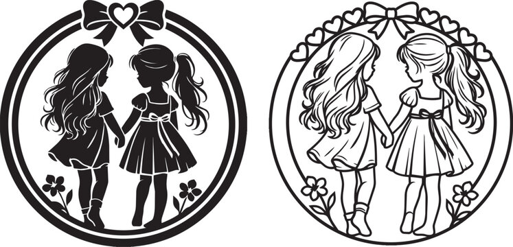 Two little girls holding hands silhouette and line art circle frame with ribbon and flowers