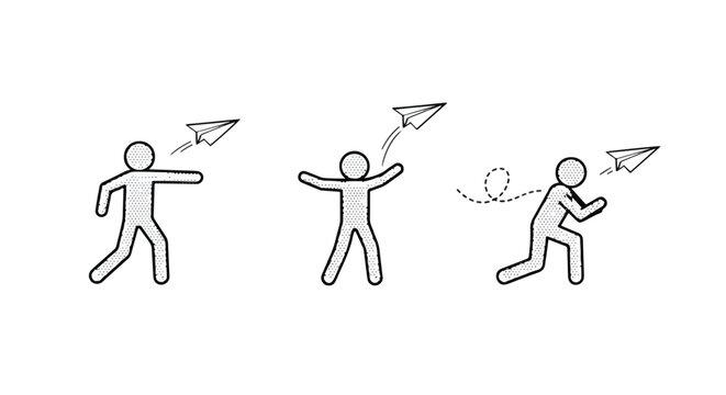 Playful stick figures flying kites and paper airplanes joyfully.