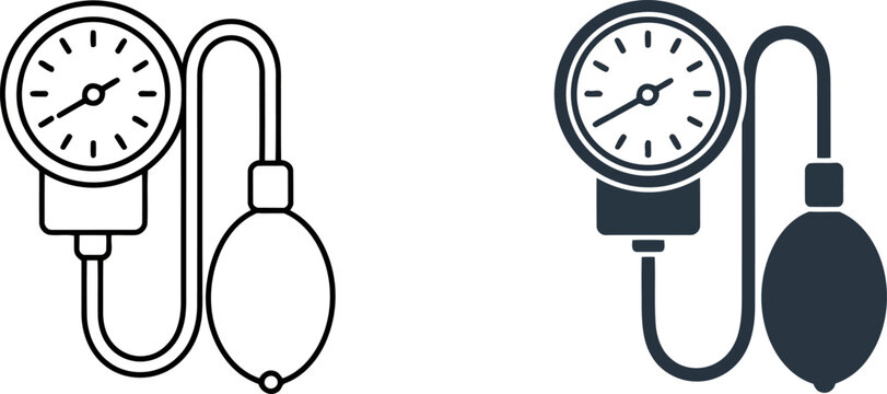 Outline and filled icon of a blood pressure monitor with a bulb. blood pressure monitor