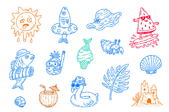 Colorful summer doodle sticker set with sun, shell, watermelon, crab, pineapple, float and beach icons for playful vacation designs