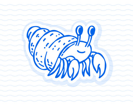 Blue cute hermit crab with seashell doodle, playful coastal animal sticker icon for beach vacation, ocean life and summer designs