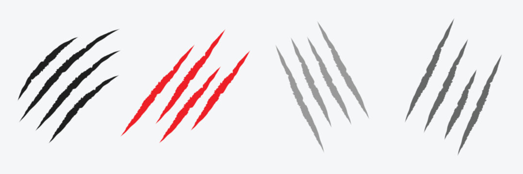 Animal claw scratches and marks. Set. Black and red bloody silhouettes and outline. Icon, flat. Vector isolated on white background. Scratches from a cat, tiger, lion, dog, jaguar, bear, puma .