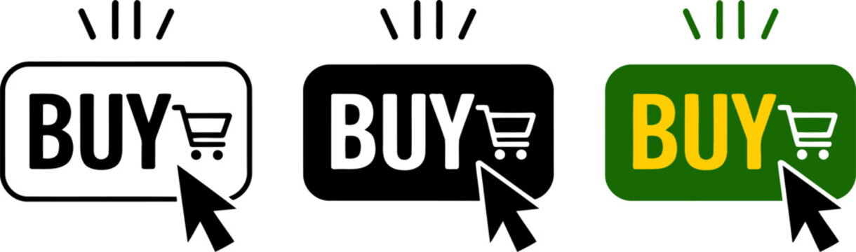 Three buy buttons with shopping cart and cursor in outline solid and color mouse pointer