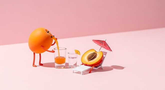 Jeruk atau buah orange menuangkan minuman jus jeruk ke gelas untuk buah persik yang sedang bersantai berjemur dengan payung di musim panas. Ilustrasi buah buahan untuk kampanye makanan minuman sehat..