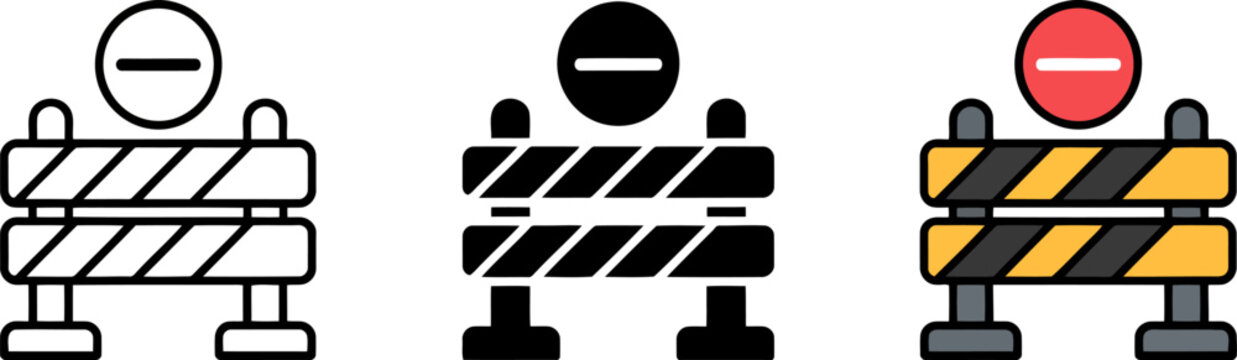 Three construction barrier icons with stop sign in outline solid and color traffic barrier