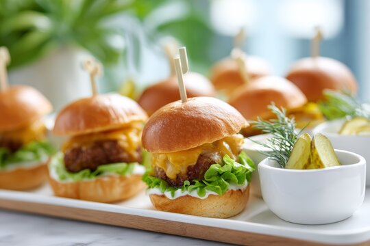 Cheeseburger mini sliders with melted cheese lettuce and pickle served on platter with dipping sauces for party catering display