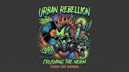 Fototapeta premium Urban rebellion street art with skull and wolf