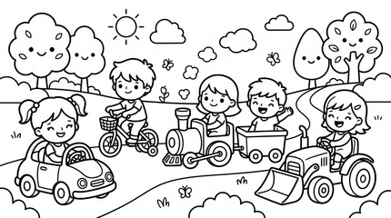 Fototapeta premium Children playing with toy vehicles in a sunny park