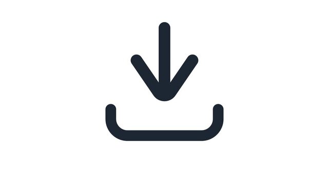 Animated 2D black download icon on a white background featuring a downward arrow moving into a tray representing digital file saving and data transfer.

