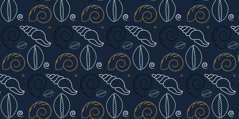 Naklejka premium Decorative marine life seamless pattern background featuring various seashells, clams, and starfish vectors.