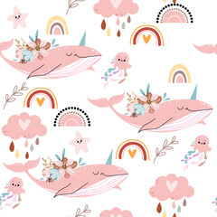 Trend whale, narwhal and flowers seamless pattern on a white background. Doodle boho style. Design for kids. Vector illustration © Lucky Project
