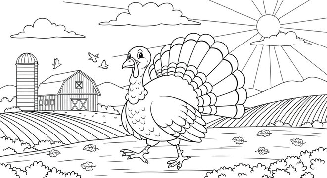 Coloring page features turkey walking across a farm field, with a barn and silo in the background, under a bright, sunny sky with clouds.