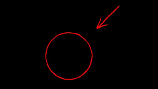Animated hand drawn red circle being sketched on black background with a red arrow pointing towards it for highlighting important video information.
