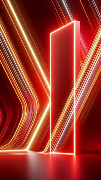 Red and yellow abstract neon light beams loop moving rapidly in a dark room. Glowing geometric shapes and light trails creating a dynamic futuristic background