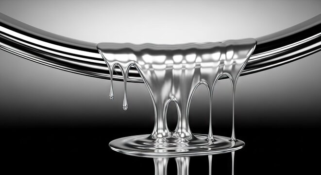 Liquid silver metal dripping from a curved metallic bar.
