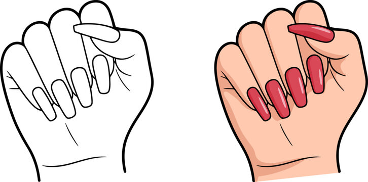 Woman's Hand Outline and Colored with Red Nails on White Background
