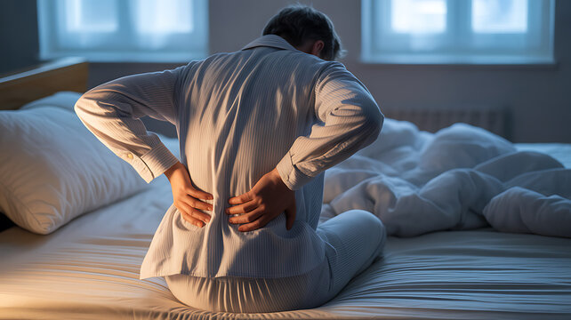 man suffering from back pain from bad night sleep 