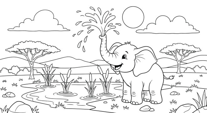 Coloring page featuring a joyful baby elephant spraying water from its trunk in a savanna landscape with trees and plants.