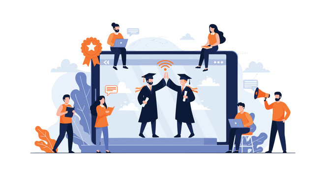 Students celebrate an online graduation ceremony around a large tablet device symbolizing modern distance learning and success.