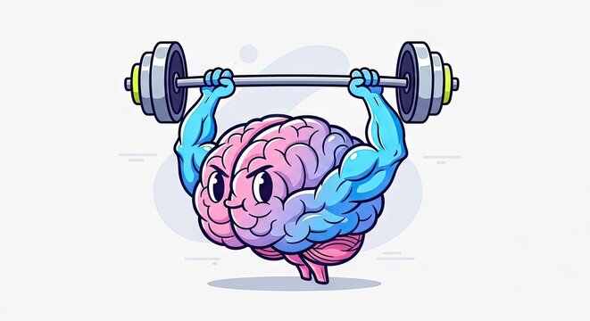 Muscular cartoon brain lifting heavy weights illustration.