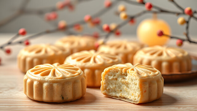 Mooncake Mid-Autumn Festival Celebration. Traditional Asian Harvest Holiday, full moon, lanterns, tea, family reunion. Chinese culture greeting design