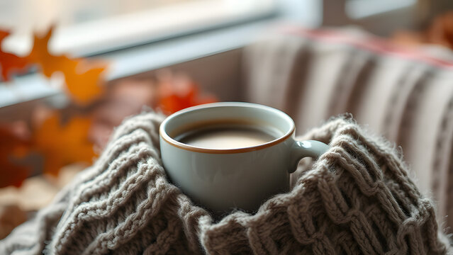 Cozy Autumn Sweater, Warm Coffee Mug, Comfortable Fall Hygge Lifestyle Scene, Seasonal Relaxation and Comfort at Home