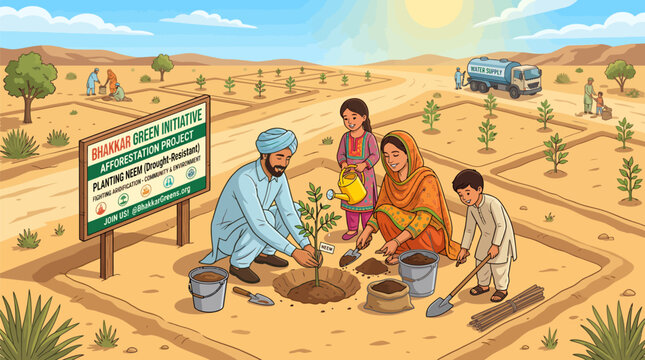 Family planting neem trees in arid land for green initiative project
